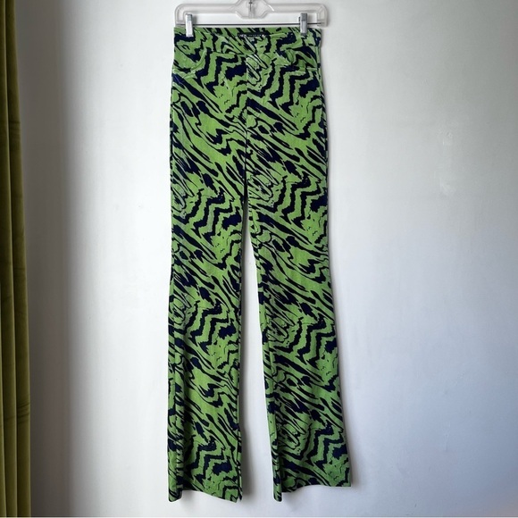 Zara Green & Blue Swirl Print High Rise Velvet Split Hem Flare Pants S NWT - Picture 5 of 8
